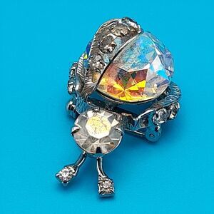 Vintage Bug Insect Rhinestone Brooch Pin, Aurora Borealis, Silver Tone